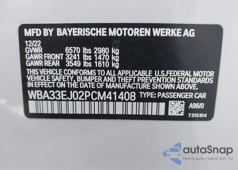 2023 BMW 760 I xDrive z USA, uszkodzony, nr VIN WBA33EJ02PCM41408